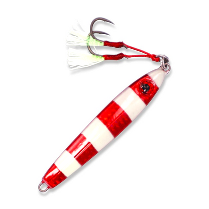 Ocean Angler Weasel fishing lure in red and white striped pattern with dual assist hooks and glow-in-the-dark tassels