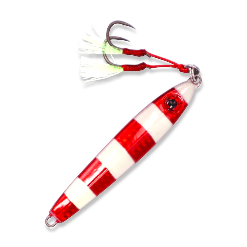 Ocean Angler Weasel fishing lure in red and white striped pattern with dual assist hooks and glow-in-the-dark tassels