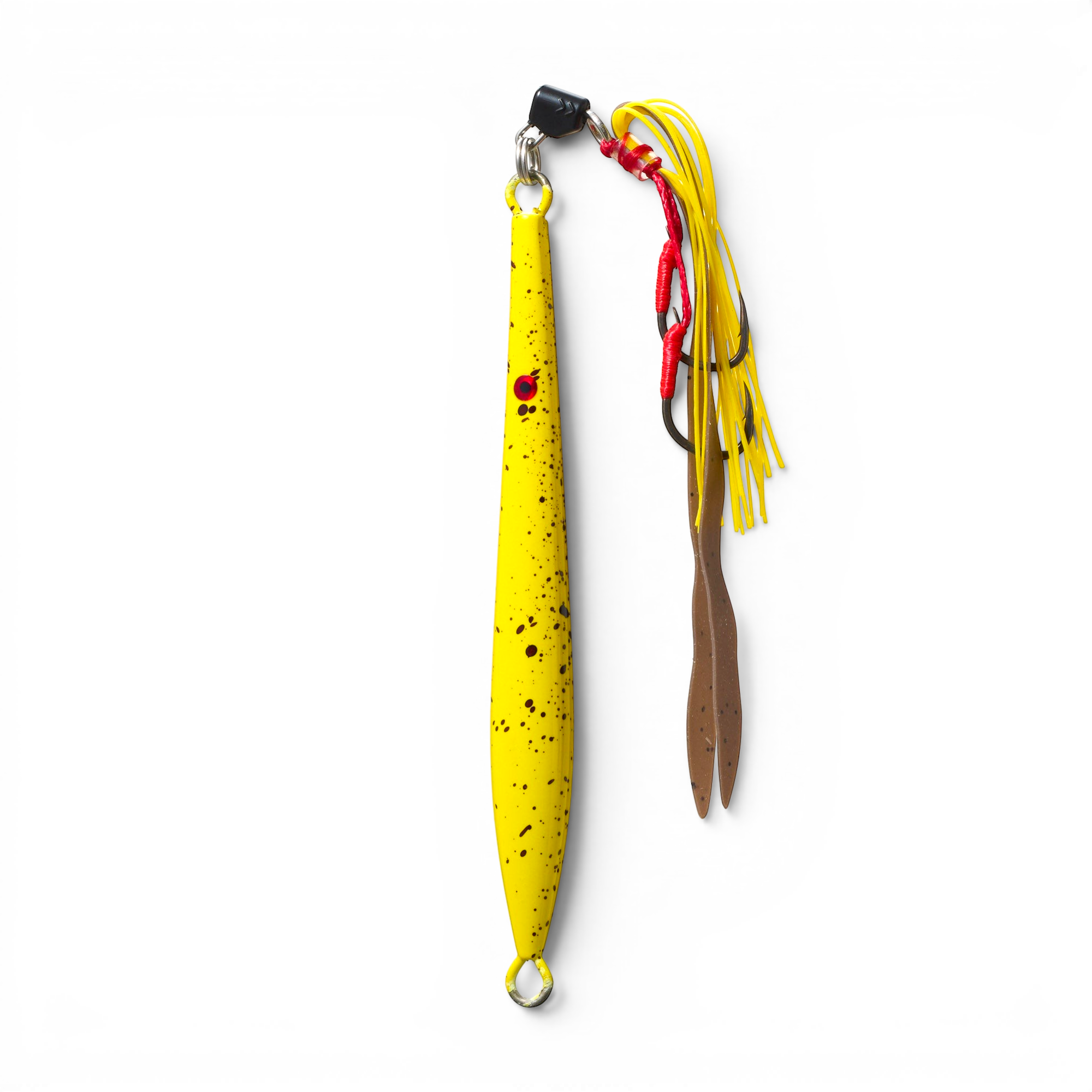 Ocean Angler Fish-Finger metal jig in yellow with black speckles, featuring an assist hook and yellow skirt.