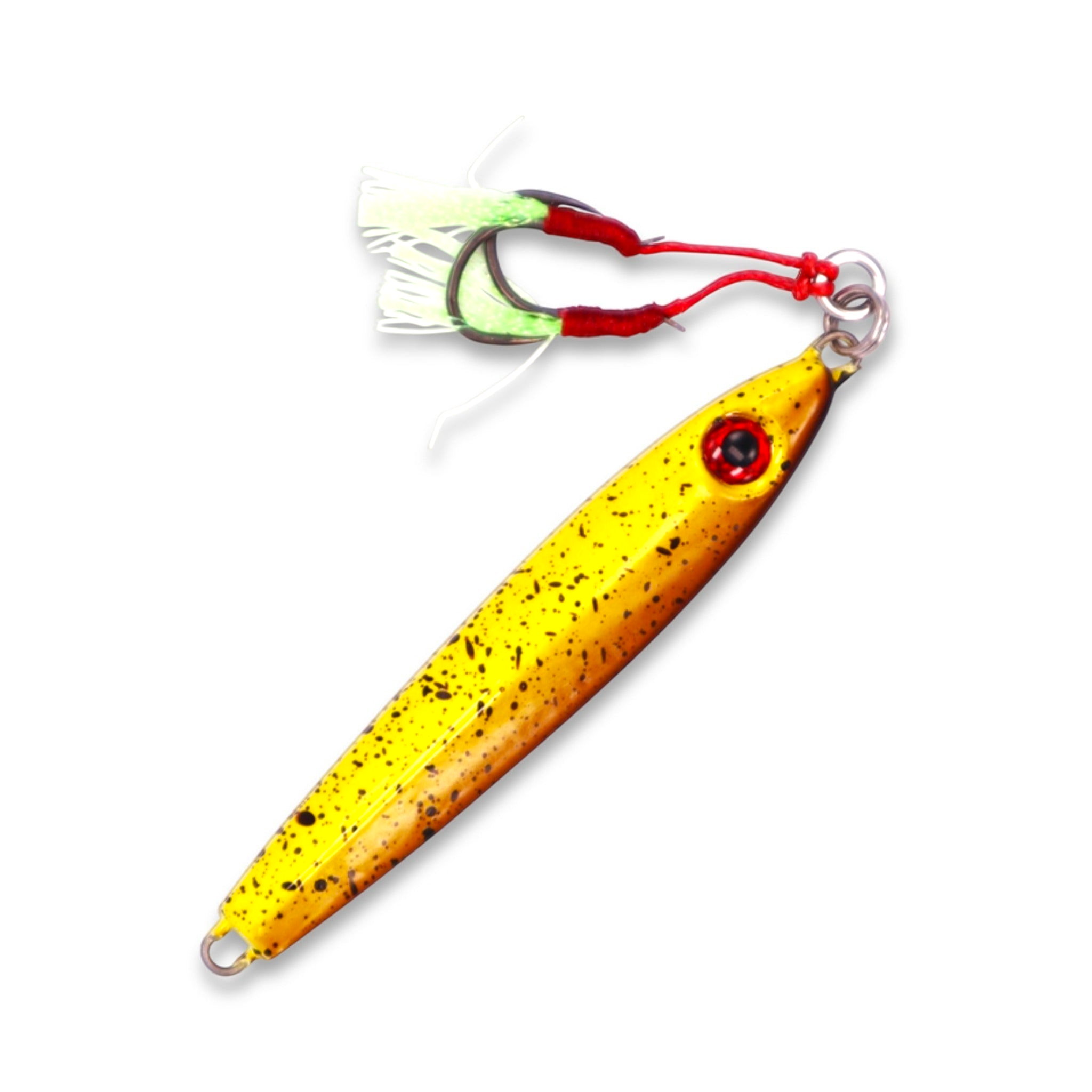 Ocean Angler Weasel yellow and orange speckled fishing lure with a sharp hook and white skirt