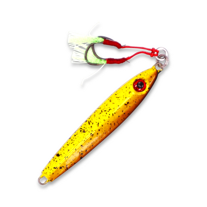 Ocean Angler Weasel yellow and orange speckled fishing lure with a sharp hook and white skirt